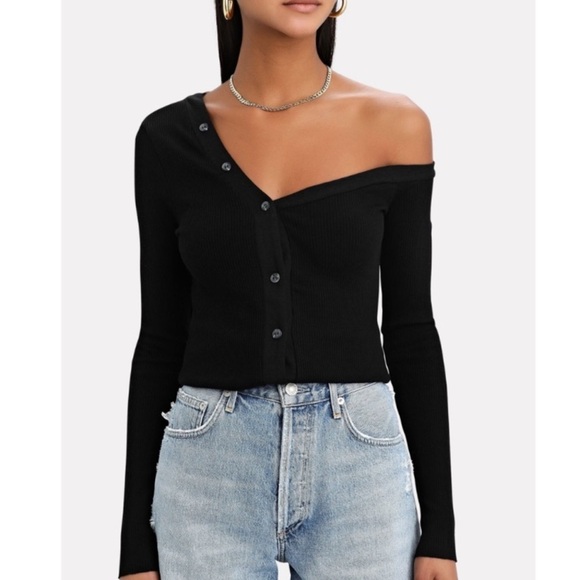 THE RANGE One-shoulder Rib Knit Cardigan In Black - Picture 1 of 6